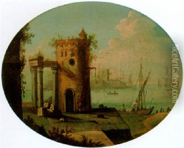 Mediterranean Harbour With An Old Tower Oil Painting - Hendrick Frans van Lint