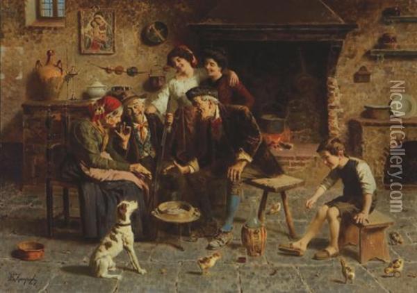 A Family Gathering Oil Painting - Eugenio Zampighi