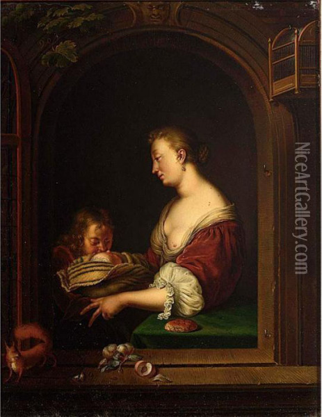 A Mother And Two Children In A Window Together With A Squirrel Oil Painting - Willem van Mieris