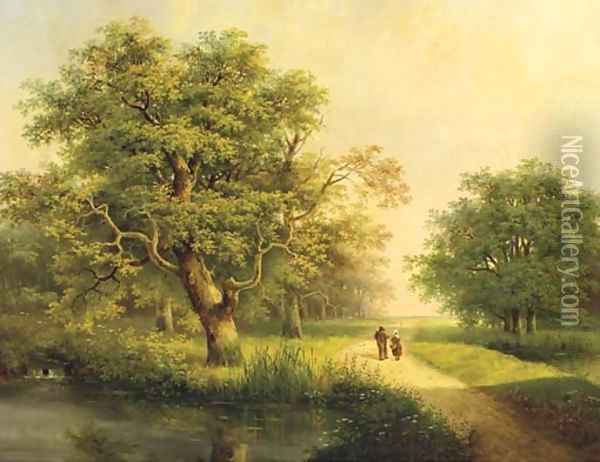 Travellers passing a stream in a wooded landscape Oil Painting - Johannes Hermanus Koekkoek Snr
