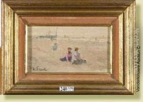 Deux Elegantes Sur La Plage Animee Oil Painting - Lucien Frank