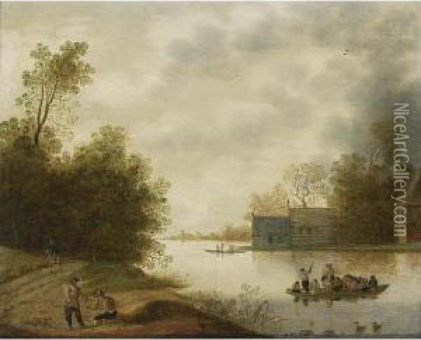 A River Landscape With A Ferry And Figures Resting In The Foreground, Farms Beyond Oil Painting - Verstraelen Anthonie