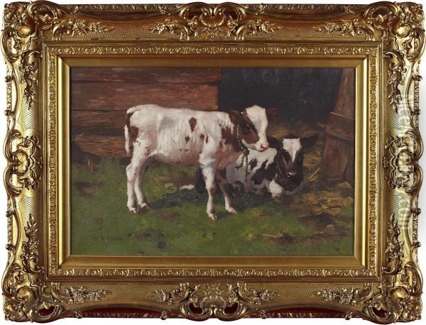 Calves By A Byre Oil Painting - David Gauld