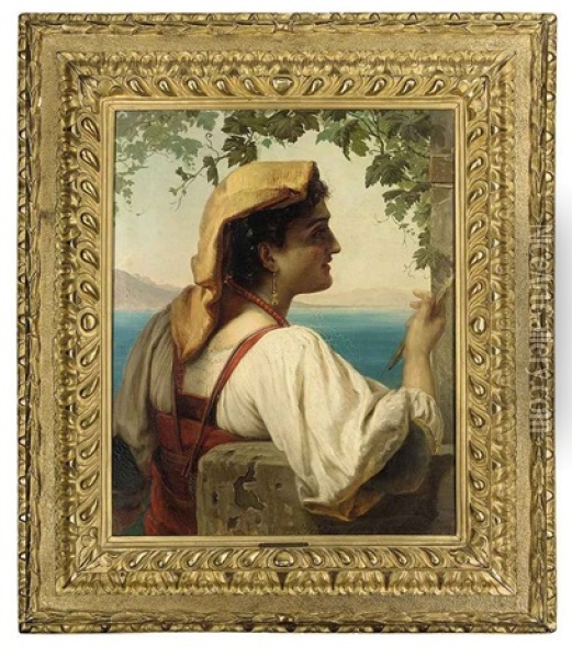 An Italian Maiden Mending Nets On The Bay Of Naples, Vesuvius Beyond Oil Painting - Elisabeth Anna Maria Jerichau-Baumann
