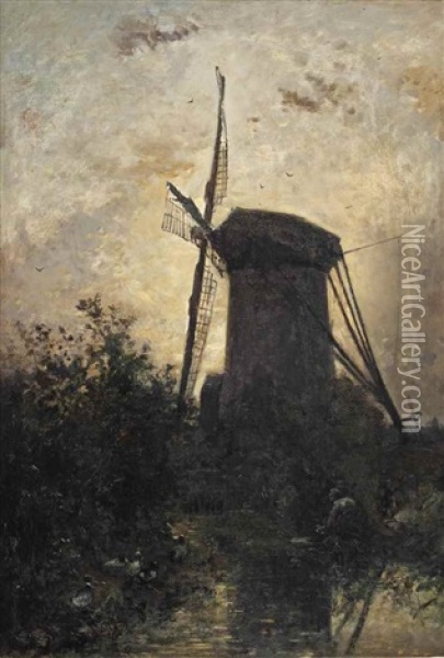 Le Moulin Et Les Lavandieres, Hollande Oil Painting - Johan Barthold Jongkind