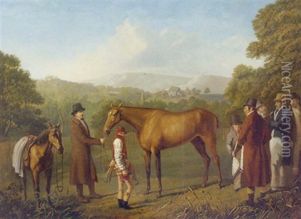 A Bay Racehorse Held By A Trainer In An Extensive Landscape, With Jockey And Other Figures Nearby Oil Painting - Jacques-Laurent Agasse