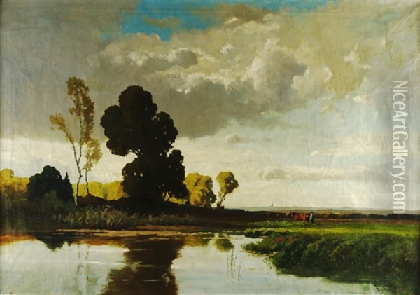 Grose Baumgruppe Am Ufer Eines Teiches, Rechts Ein Pflugender Bauer Oil Painting - Josef Muehlbeck