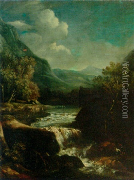 An Italianate Rocky River Landscape With Travellers On A Track Oil Painting - Giovanni Battista Busiri