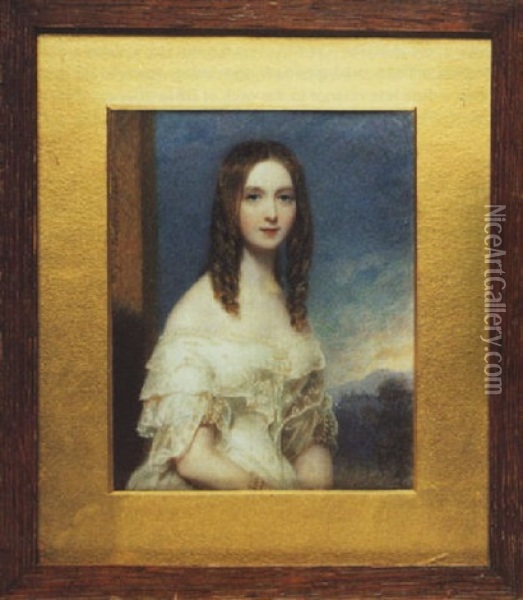 A Young Lady (mrs. Harvey?), Her Hair In Long Ringlets, Wearing Decollete White Dress With Strands Of Pearls, Landscape Background Oil Painting - William John (Sir) Newton