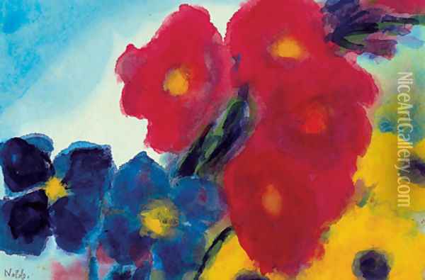 Dahlia and Blue Clematis Oil Painting - Emil Nolde