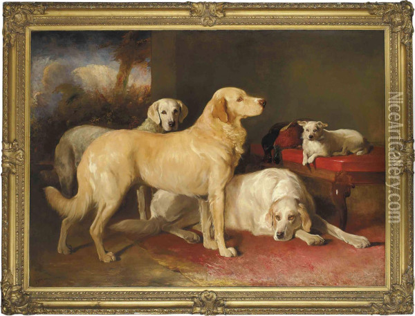 Golden Retrievers And A Terrier Oil Painting - John Hamilton Glass