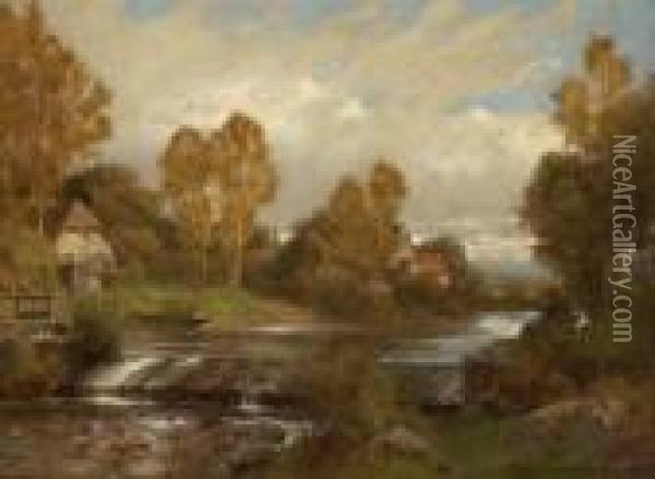 Flusslandschaft Mit
 Bauernhausern. Oil Painting - Erich Kubierschky