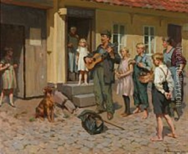 A Street Musician In Front Of His Audience Oil Painting - Erik Ludwig Henningsen