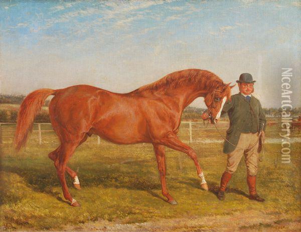Horse And Trainer In A Paddock Oil Painting - William H. Hopkins