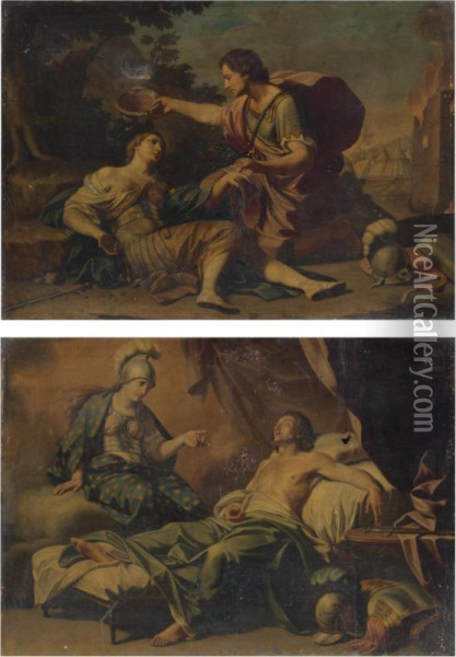 Tancred Baptizing The Dying Clorinda; Clorinda Appearing To Tancred In A Dream Oil Painting - Gaetano Lapis