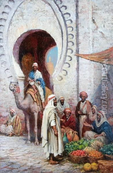 An Arabian Gateway, With Street Vendors And A Camel And Rider Oil Painting - Arthur Trevor Haddon