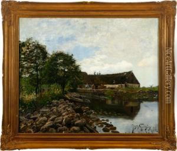 A Scanian Farm At A Lake With Rowing Boat. Signed. Dated July -98 Oil Painting - Justus Lundegard