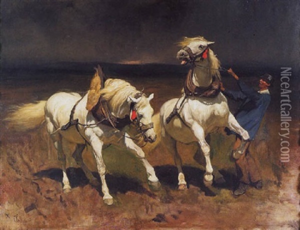 Schimmelpaar Bei Herannahendem Gewitter Oil Painting - Johann Rudolf Koller