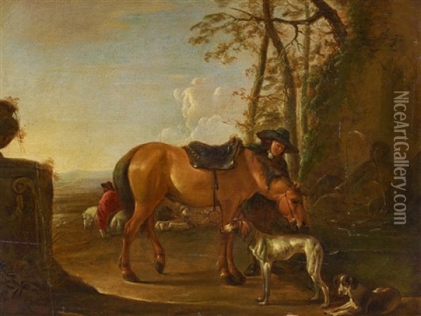 Reiter Mit Ihren Pferden An Der Tranke Oil Painting - Hendrick Verschuring