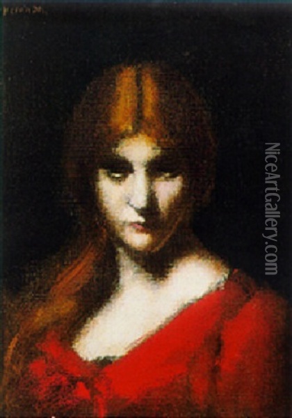 Portrait De Jeune Femme Rousse Au Corsage Rouge Oil Painting - Jean Jacques Henner