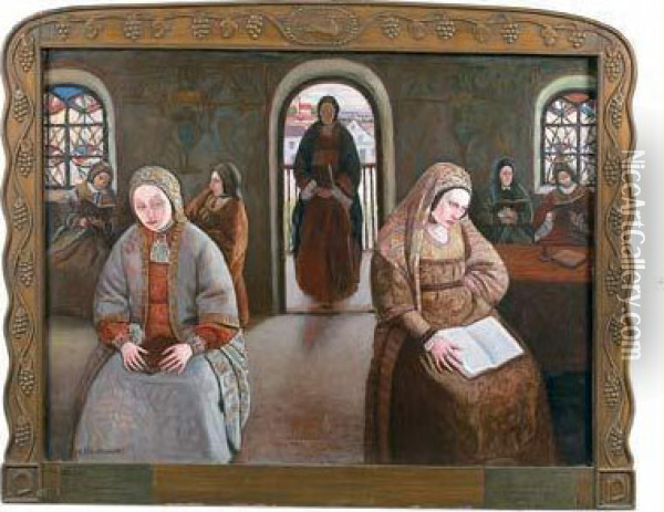 In The Women's Shul Oil Painting - Maurice Minkowski