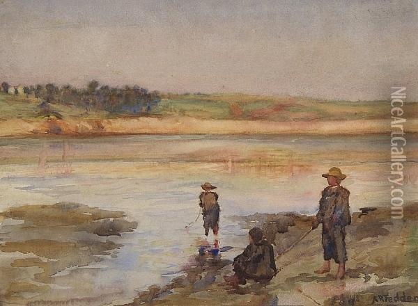 Boys Fishing In An Estuary Oil Painting - A. Romilly Fedden