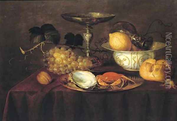 A silver dish with an oyster and a crab, a walnut, white grapes, a silver 'tazza', a porcelain bowl Oil Painting - Theodoor Smits