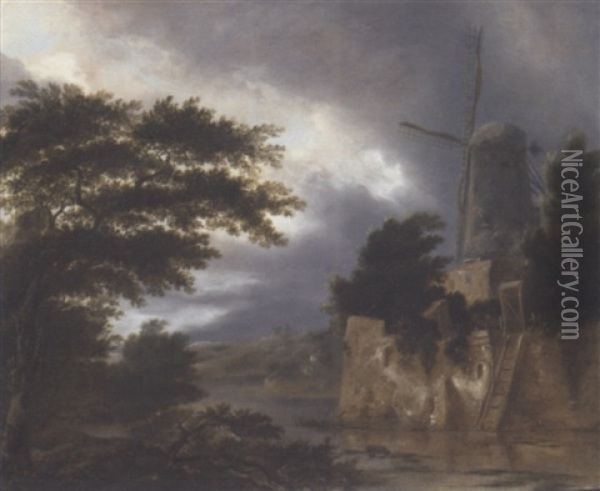 A Wooded River Landscape With A Windmill Oil Painting - Nicolaes Molenaer