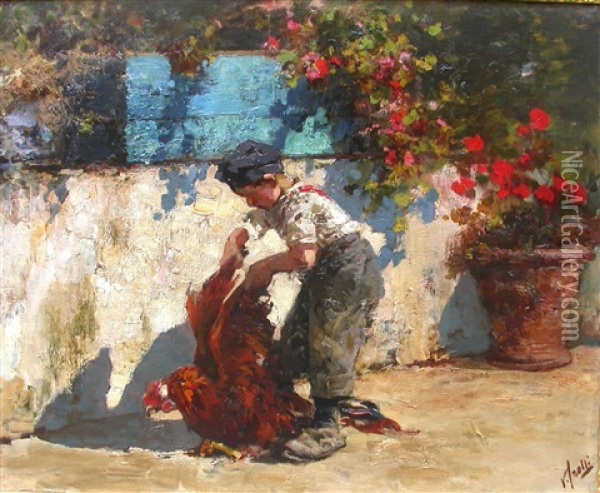 Il Galletto A Spasso Oil Painting - Vincenzo Irolli