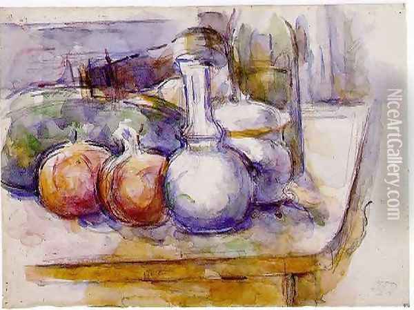 Still Life With Carafe Sugar Bowl Bottle Pommegranates And Watermelon Oil Painting - Paul Cezanne