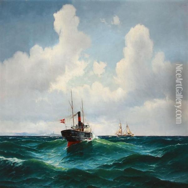 Seascape With A Steamship And A Sailing Ship Oil Painting - Vilhelm Bille
