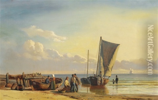 Coastal Scene With Fishermen On The Beach Oil Painting - Carl Johann Neumann