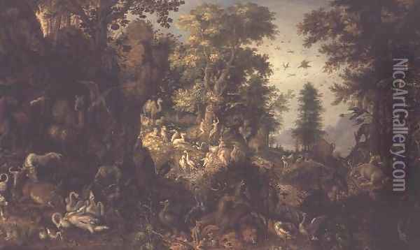 Adam and Eve in the Garden of Eden Oil Painting - Roelandt Jacobsz Savery