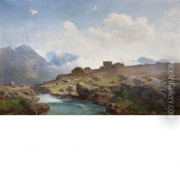 Cattle Crossing A Mountain Stream Oil Painting - Christian Delphin Wexelsen