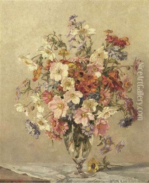 Summer Flowers In A Glass Vase On A Table Oil Painting - Freda Marston