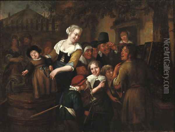 A street pedlar showing his wares to a group of children Oil Painting - Richard Brakenburgh