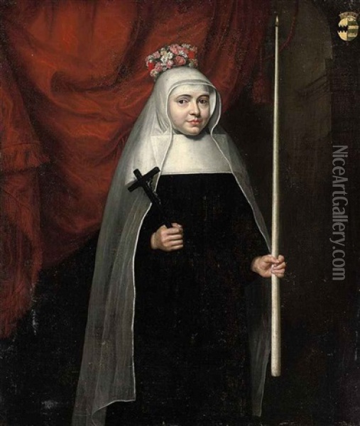 Portrait Of A Nun Holding A Crucifix And Candle Oil Painting - Pieter Leermans