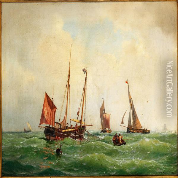 Fishing Boats At Sea Oil Painting - Carl Johan Neumann