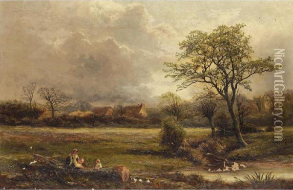Landscape With Figures By A Stream Oil Painting - George Turner