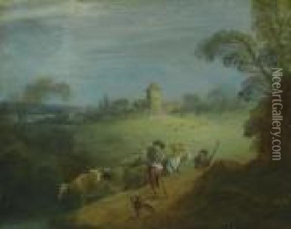 Landschaft Mit Kuherde Und Hirtenpaar. Oil Painting - Jean-Baptiste Joseph Pater
