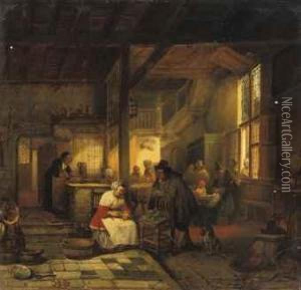 Townspeople At The Inn Oil Painting - Henri Leys