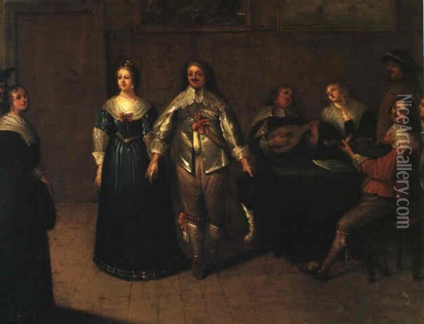 An Interior With Musicians, And A Couple Dancing Oil Painting - Hieronymous (Den Danser) Janssens