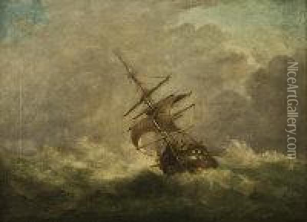 Ship In A Stormy Seascape Oil Painting - Robert Mannix