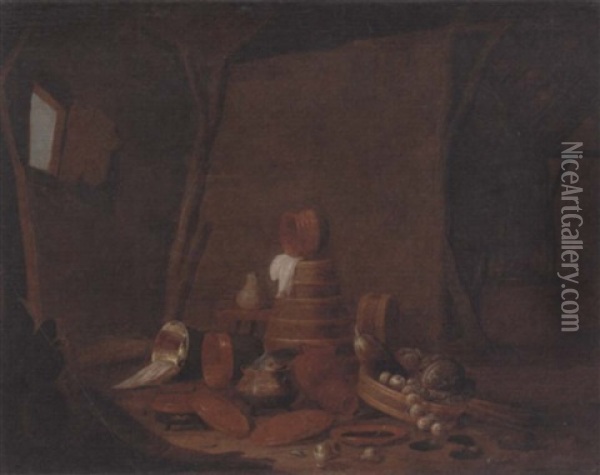 A Barn Interior With A Basket Of Vegetables And Earthenware Dishes Oil Painting - Willem Kalf