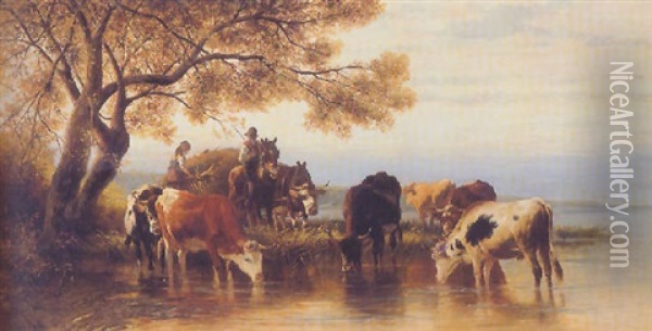 Cattle Watering, The Chiemsee (?) Oil Painting - Christian Friedrich Mali