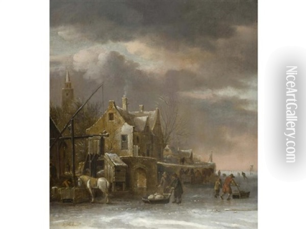 Winterlandschaft Mit Altem Haus An Gefrorenem Ufer Oil Painting - Nicolaes Molenaer