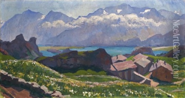 Blick Uber Capolago Auf Den Silsersee (view Over Capolago Towards Lake Sils) Oil Painting - Giovanni Giacometti