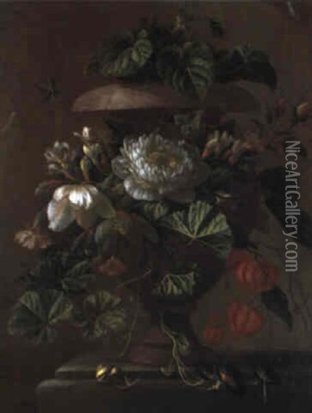 Blumengirlande Und Steinvase Mit Schnecke Oil Painting - Elias van den Broeck