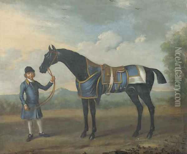 A black Bay race horse and a groom in a landscape at the Bolton races in 1734 Oil Painting - James Seymour