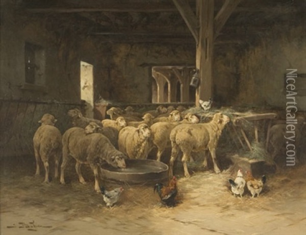 Barn Interior With Sheep And Chickens Oil Painting - Jules Bahieu